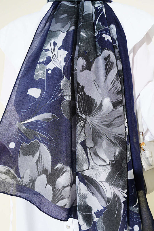 Foulard doux à motif Lilyum bleu marine fumé