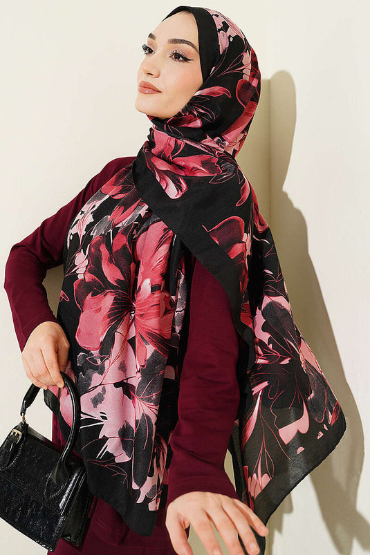 Foulard doux à motif Lilyum noir et rose