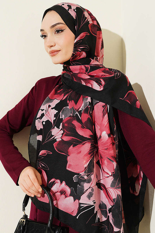 Foulard doux à motif Lilyum noir et rose