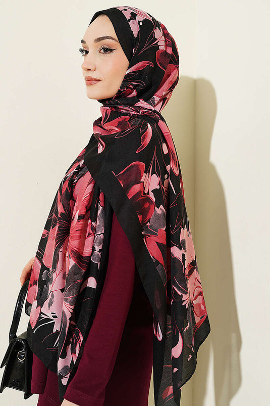 Foulard doux à motif Lilyum noir et rose