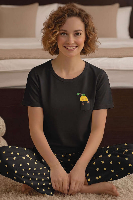 Lemon Printed Crew Neck Pajama Set Black