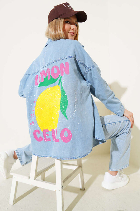Limon Cello Baskılı Kot Gömlek Mavi