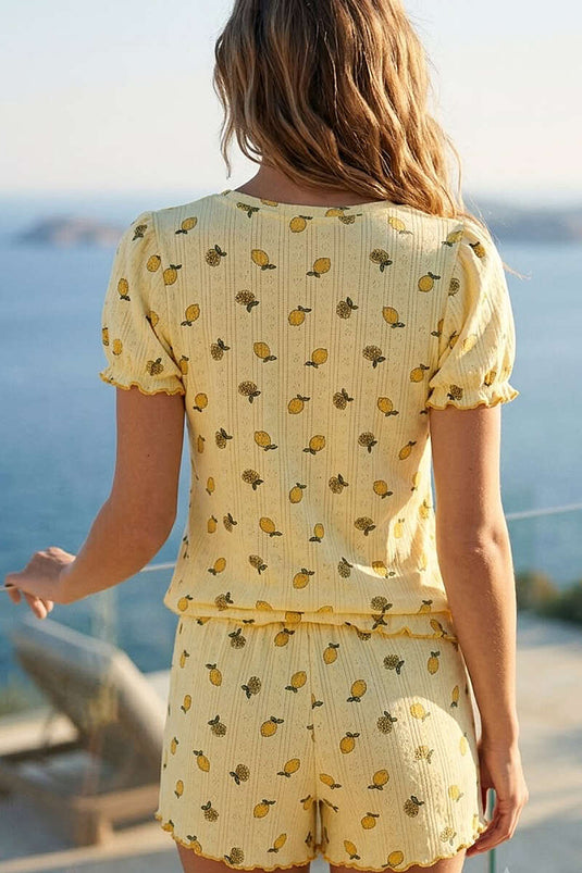 Limon Desen Kısa Kollu Şortlu Pijama Takım Sarı