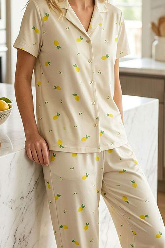 Limon Desenli Kısa Kol Düğmeli Pijama Takım Sarı