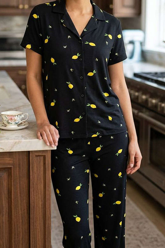 Limon Desenli Kısa Kol Düğmeli Pijama Takım Siyah
