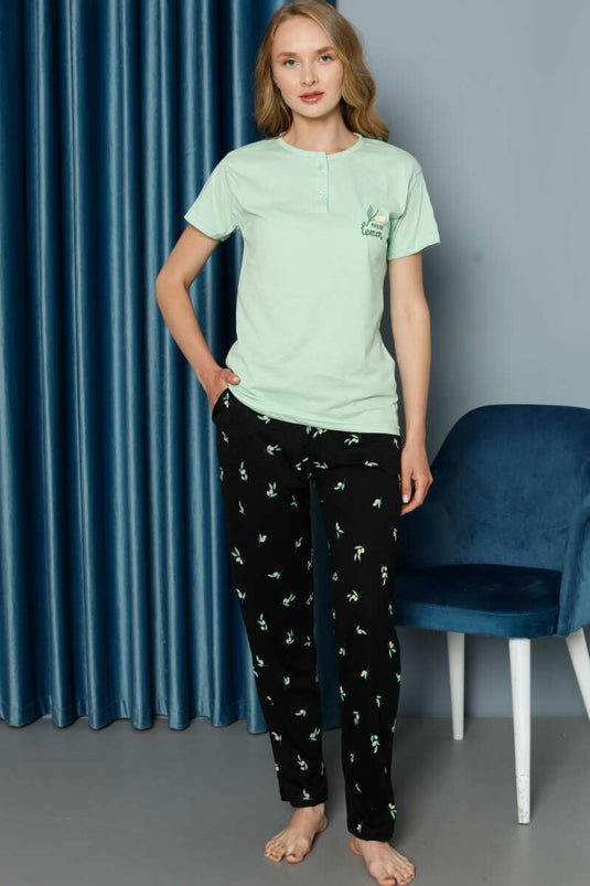 Lemon Patterned Short Sleeve Pajama Set Lime