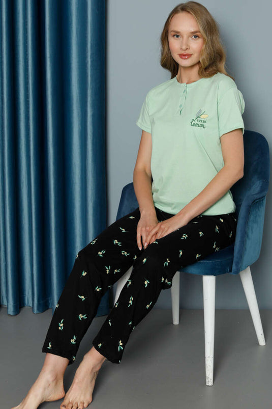 Lemon Patterned Short Sleeve Pajama Set Lime