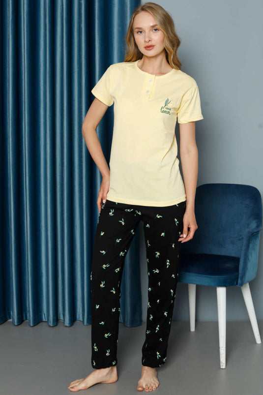 Lemon Patterned Short Sleeve Pajama Set Yellow