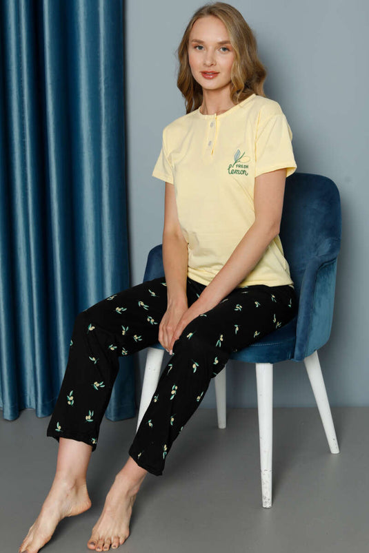 Lemon Patterned Short Sleeve Pajama Set Yellow
