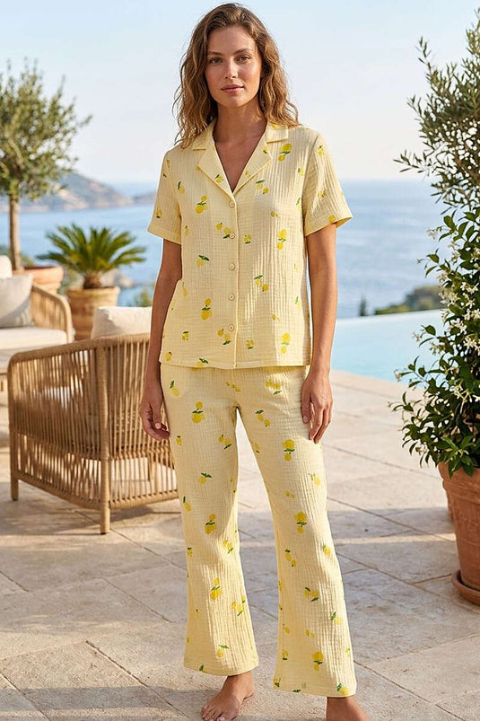 Limon Desenli Müslin Kısa Kollu Pijama Takımı Sarı