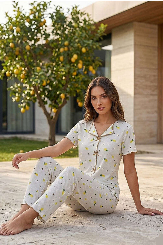 Limon Kurdele Baskılı Kısa Kollu Pijama Takımı Bej