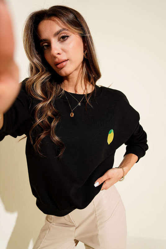Sweatshirt met citroenmotief, geborduurd met drie draden, zwart