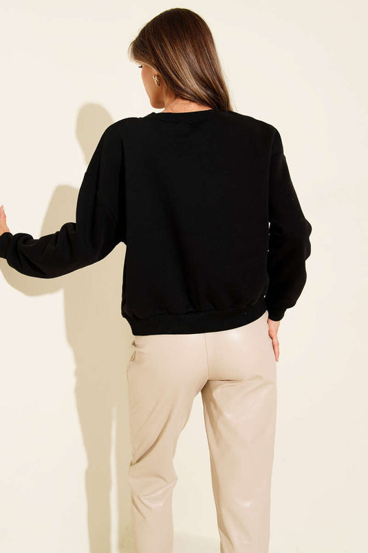 Sweatshirt met citroenmotief, geborduurd met drie draden, zwart