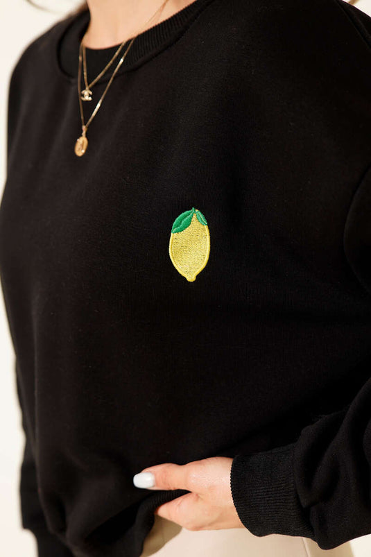 Sweatshirt met citroenmotief, geborduurd met drie draden, zwart