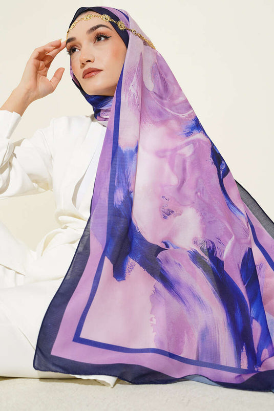 Lina Patterned Soft Scarf, Navy Blue