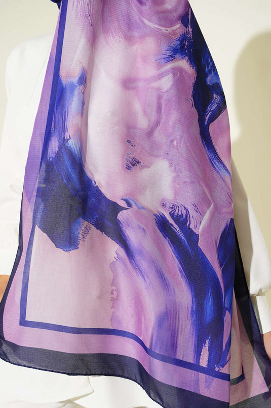 Lina Patterned Soft Scarf, Navy Blue