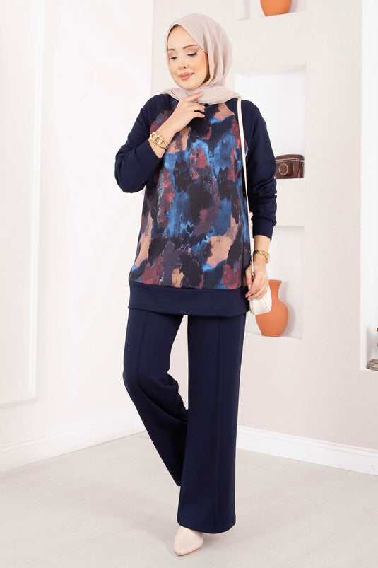 Lina Patterned Modest Two-Piece Set Navy Blue