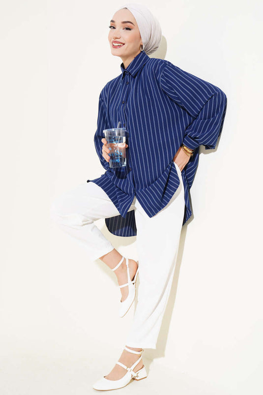 Linda Striped Oversize Shirt Navy Blue