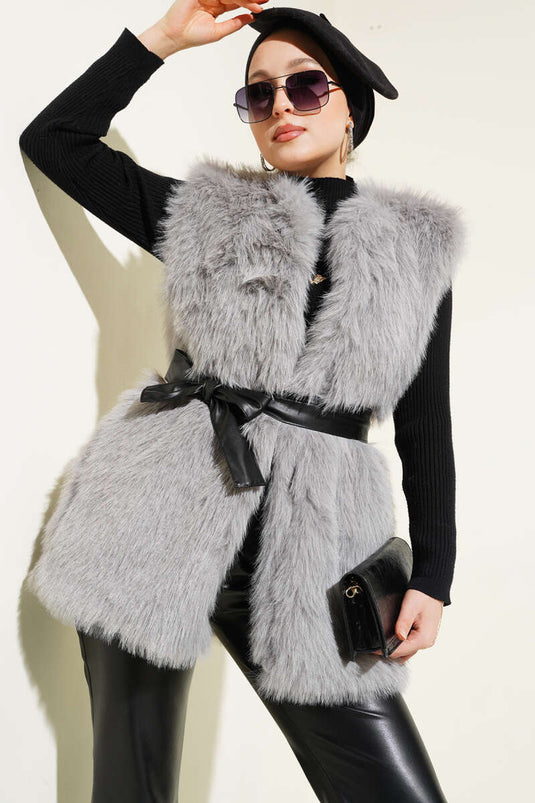 Lolita Plush Belted Vest Gray