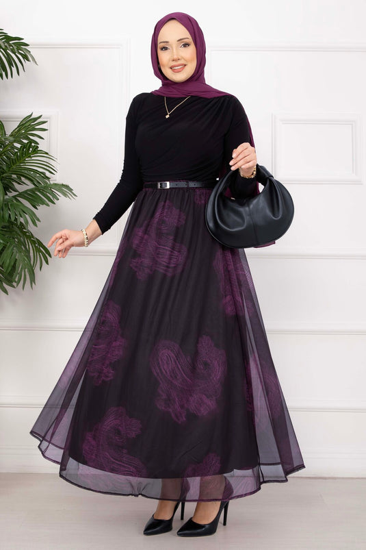 Lora Belted Lined Tulle Skirt Mulberry
