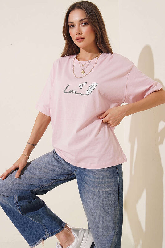 Love Baskılı T-shirt Pudra