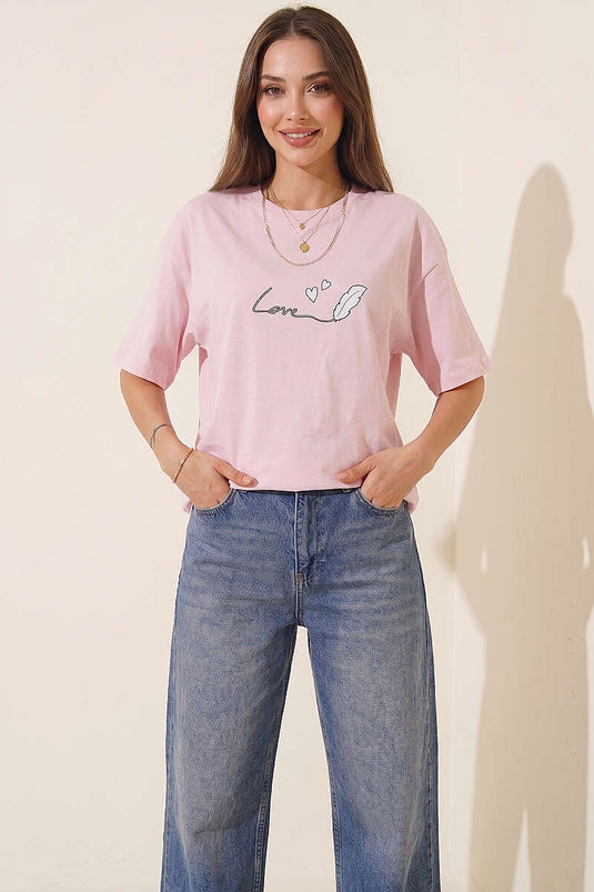 Love Baskılı T-shirt Pudra