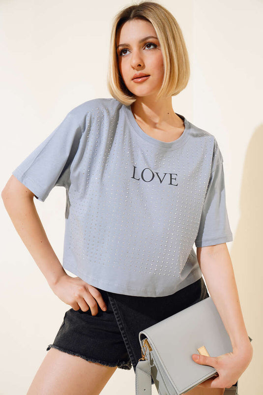 Love Baskılı Taşlı T-shirt Gri