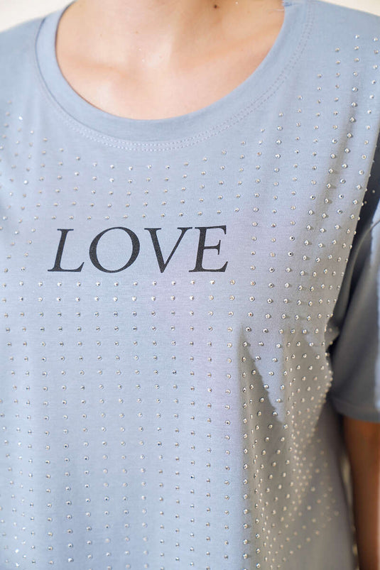 Love Baskılı Taşlı T-shirt Gri