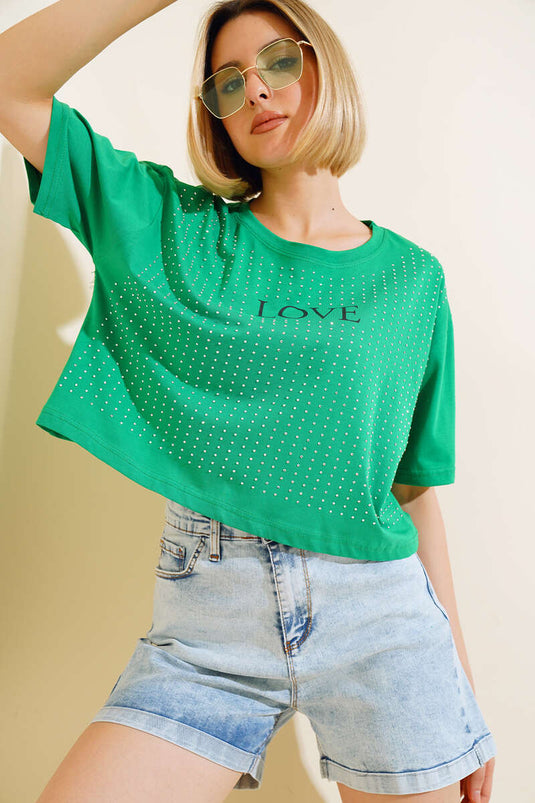 Love Baskılı Taşlı T-shirt Yeşil