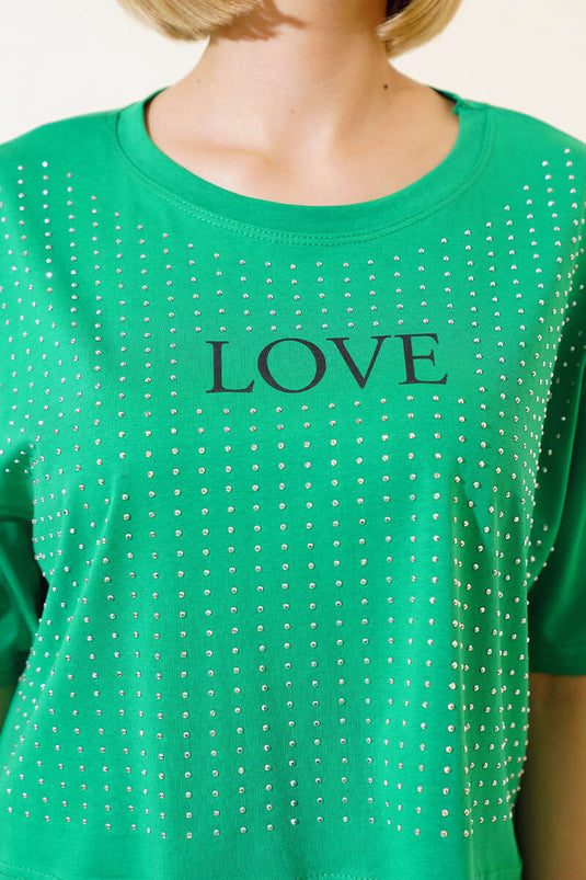 Love Baskılı Taşlı T-shirt Yeşil