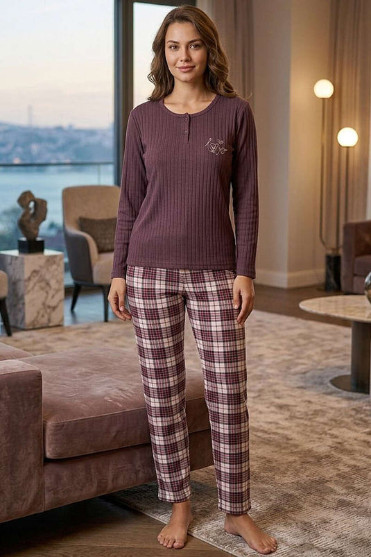 Love Nakışlı Ekose Desen Pijama Takımı Gül Kurusu