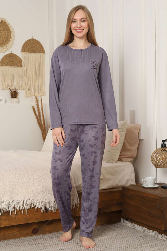 Love Nakışlı Fitilli Uzun Kol Pijama Takımı Lila