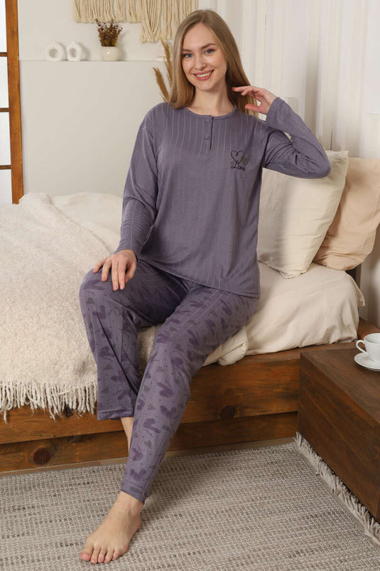 Love Nakışlı Fitilli Uzun Kol Pijama Takımı Lila