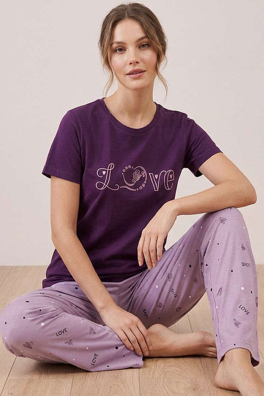 Love Yazı Baskılı Kısa Kol Pijama Takımı Mor
