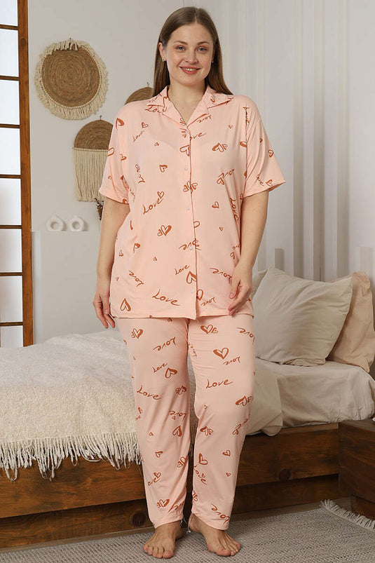 Love Buttoned Plus Size Pajama Set in Coral Pink