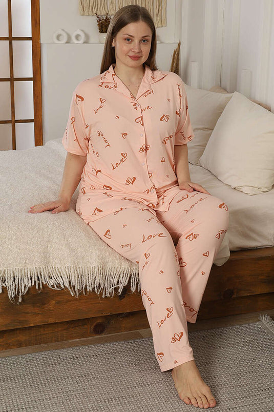 Love Buttoned Plus Size Pajama Set in Coral Pink