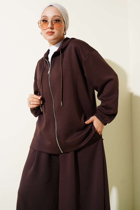 Loyşa Basic Zippered Hooded Two-Piece Set Coffee