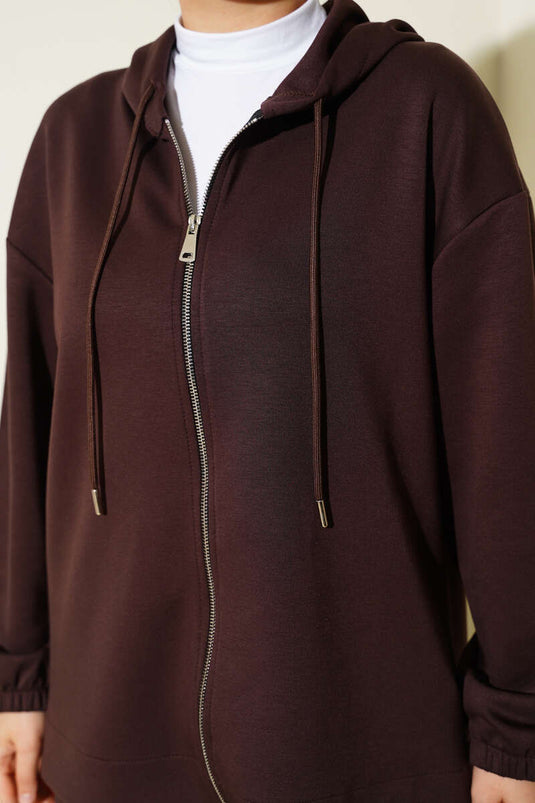 Loyşa Basic Zippered Hooded Two-Piece Set Coffee