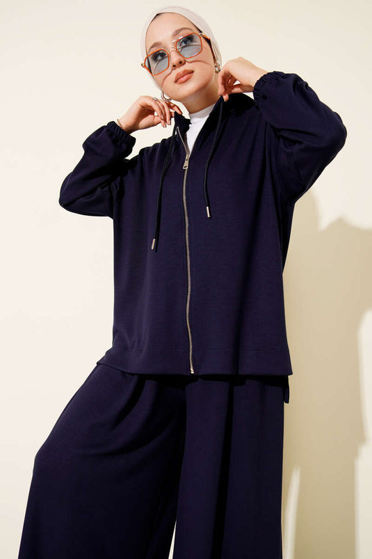 Loyşa Basic Zweiteiler mit Kapuze und Reißverschluss, Marineblau