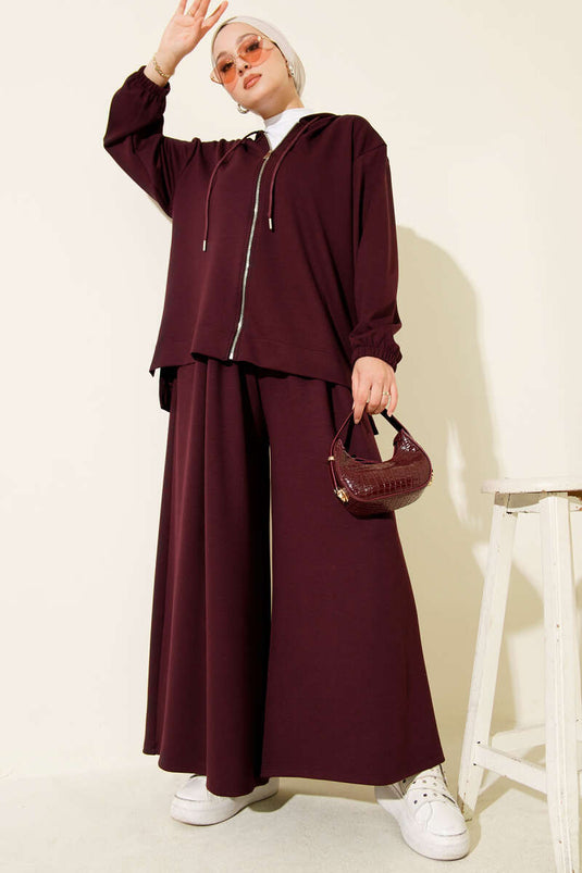 Loyşa Basic Zippered Hooded Two Piece Suit Plum