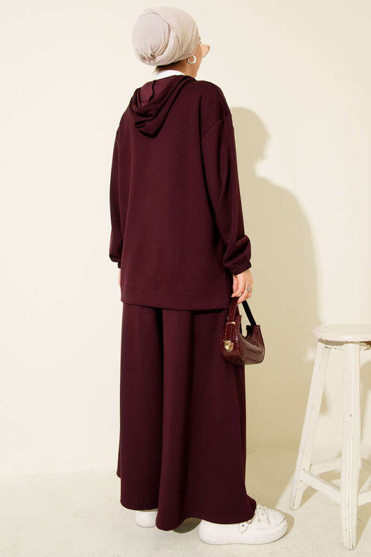 Loyşa Basic Zippered Hooded Two Piece Suit Plum