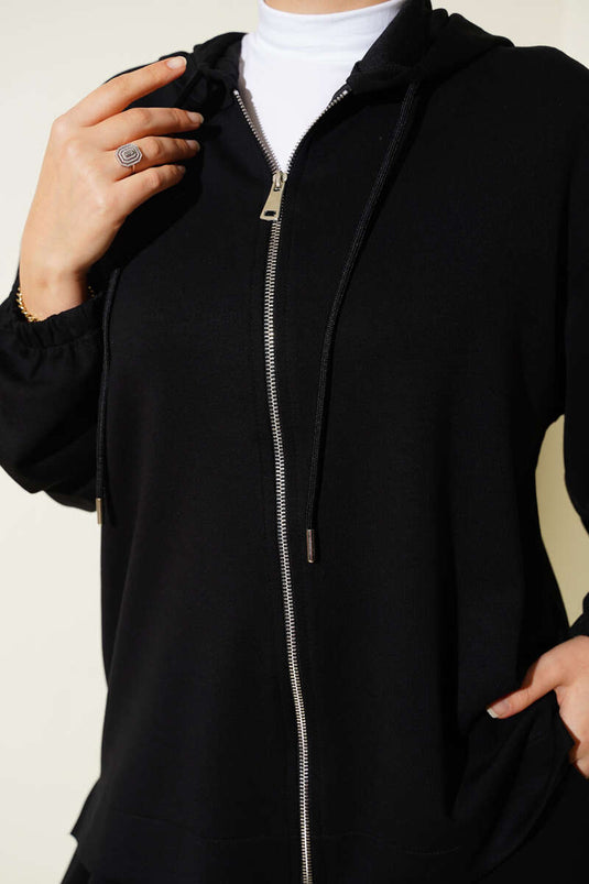 Loyşa Basic Zippered Hooded Two Piece Suit Black