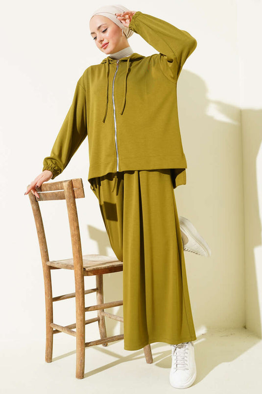 Loyşa Basic Fermuarlı Kapüşonlu İkili Takım Yağ Yeşili