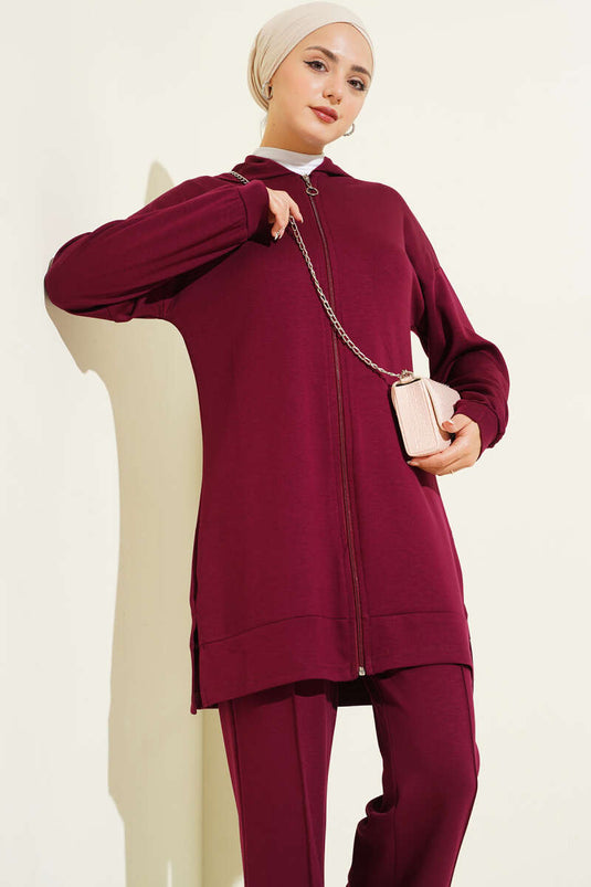 طقم لويزا الأساسي المكون من قطعتين بغطاء رأس، لون عنابي