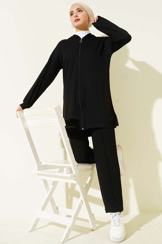 طقم لويزا الأساسي المكون من قطعتين بغطاء رأس، أسود