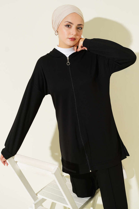 طقم لويزا الأساسي المكون من قطعتين بغطاء رأس، أسود