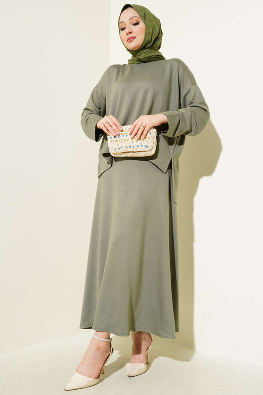 Loyşa Basic Tunic Skirt Two Piece Set Çağla Green