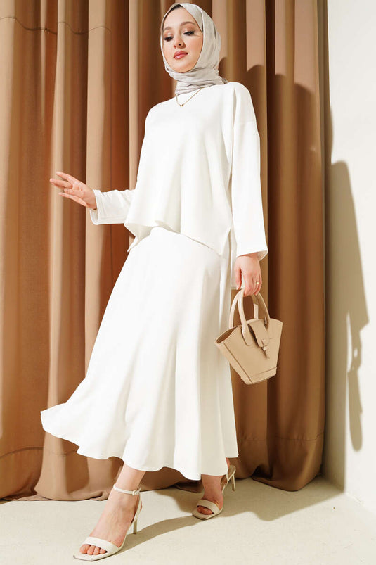 Loyşa Basic Tunic Skirt Two Piece Set Ecru