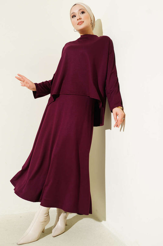 Loyşa Basic Tunic Skirt Two Piece Set Plum