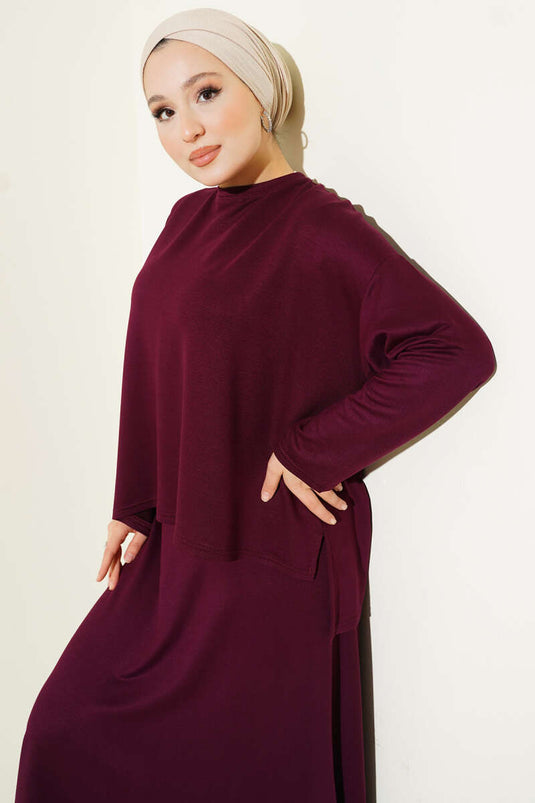 Loyşa Basic Tunic Skirt Two Piece Set Plum